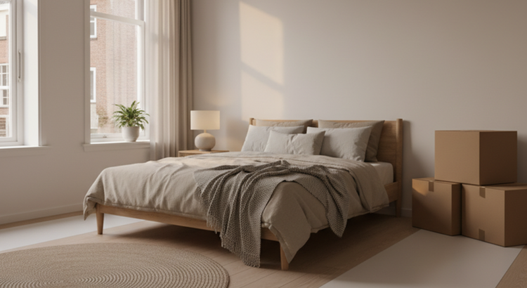 Rustig ingerichte slaapkamer met opgemaakt bed en enkele gesloten verhuisdozen langs de wand.