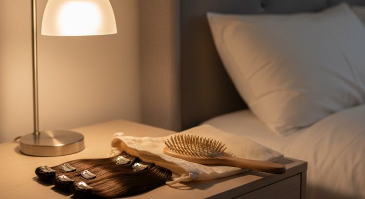 Clip-in extensions liggen naast een borstel en opbergzak klaar om voor de nacht te worden opgeborgen.