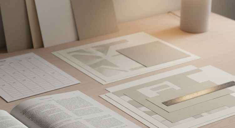 Een rustig bureau met een opgemaakt boek, proefvellen, papierstalen en een kostencalculatie bij zacht avondlicht.